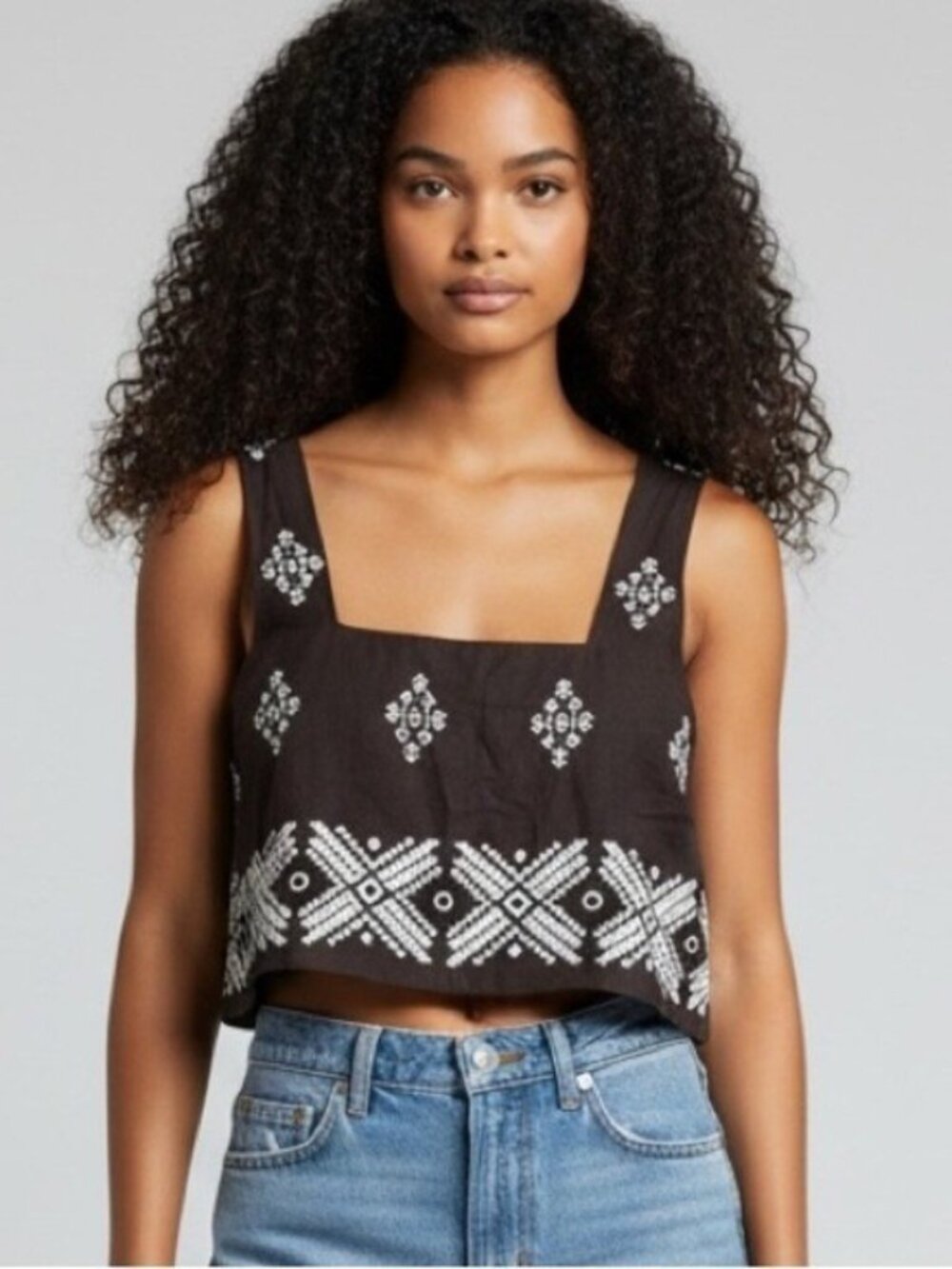 CALYPSO ST. BARTH Linen Blend Cropped Sleeveless Embroidered Tank Brown Size  XL
